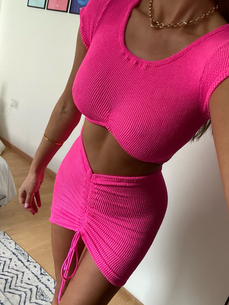 Image of Neon Pink Crinkle Two Part Ruch Mini Dress