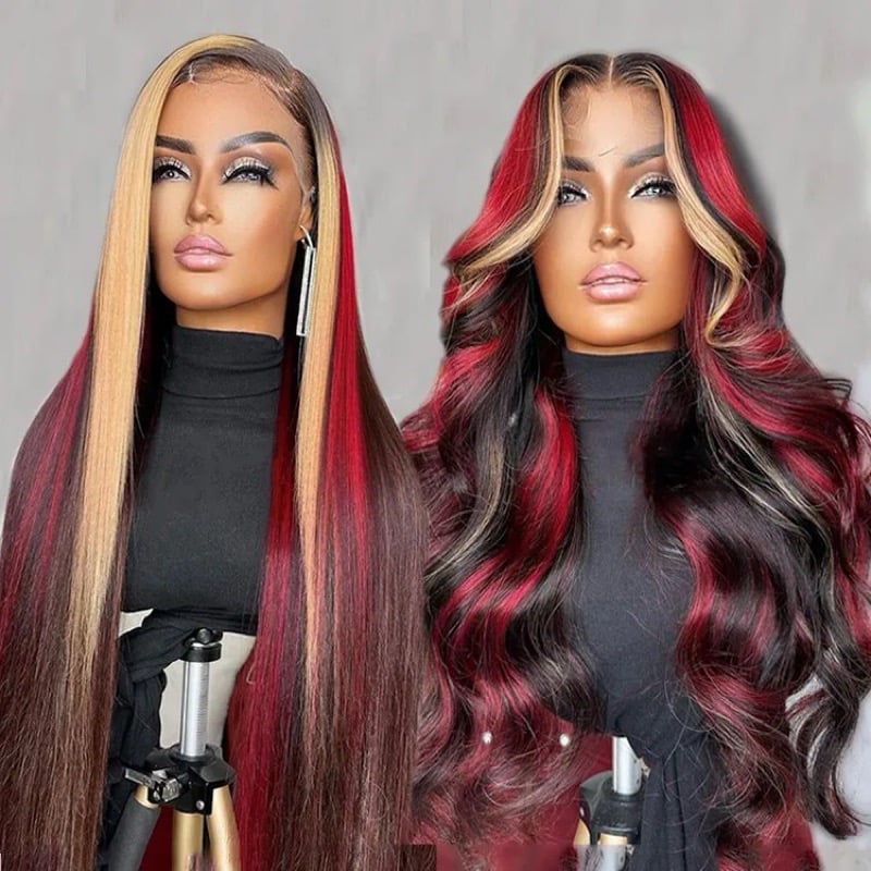 Image of Glueless 180% density Highlight Blonde Red 13X4 Body Wave Lace Front Wig Human Hair Pre Plucked 