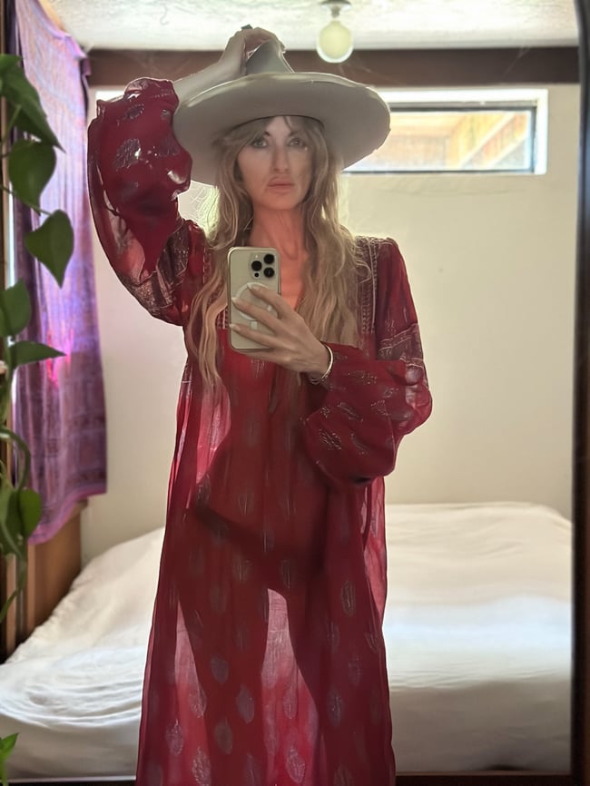 early 1970s Adini indian gauze scarlet poet sleeve dress