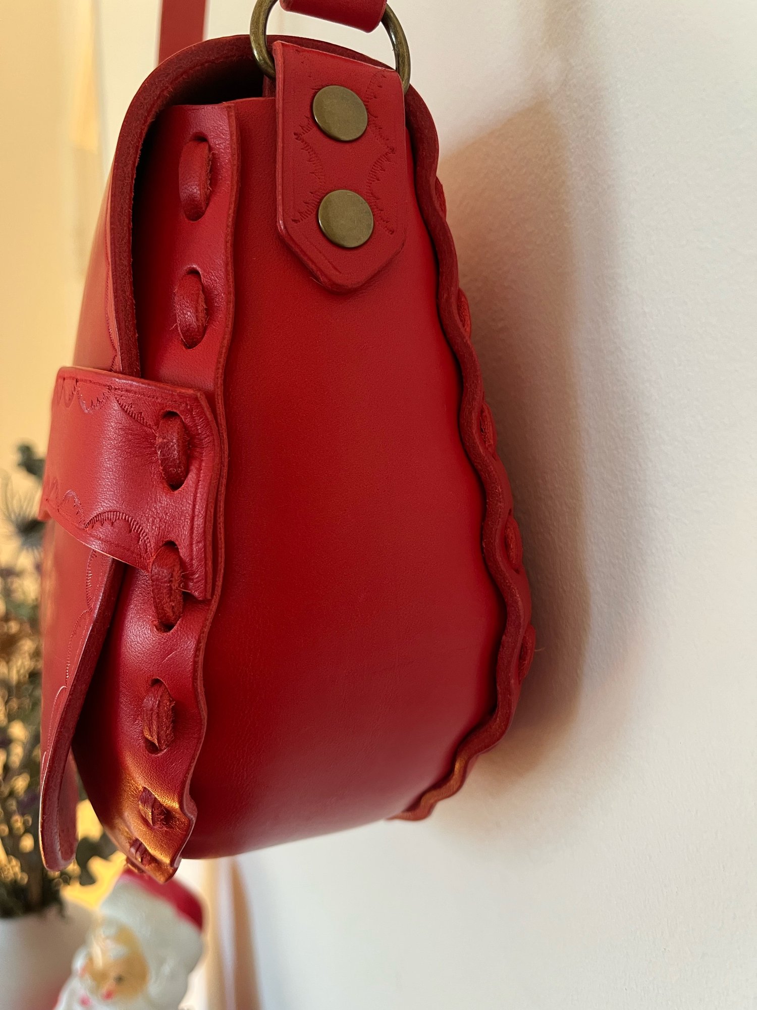 Image of Candy Apple Red Vachetta Crossbody Saddle Bag
