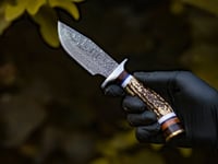 Image 3 of 9" Handmade Damascus Steel Skinner Knife with Elk Antler Handle & Cowhide Leather Sheath