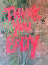 Image 1 of Light green multicolour tie die T shirt with light baby pink text (XL)