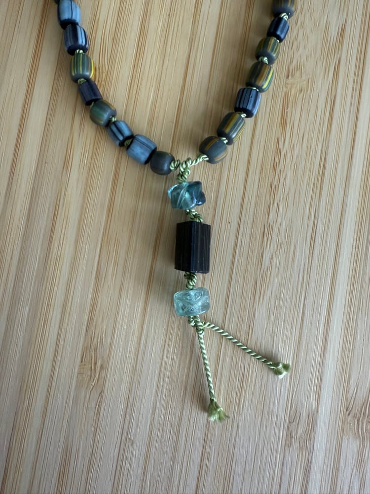 Image of Green-Blue Indonesian Gooseberry Glass Beaded Necklace with Fluorite & Tourmaline Talisman