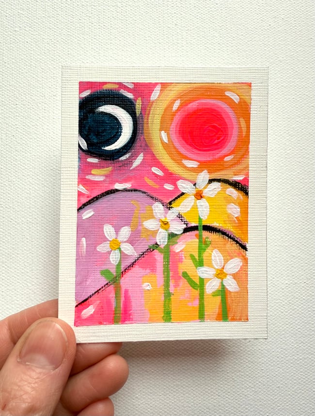 Four little flowers fell in love with the moon. Original mini painting. 