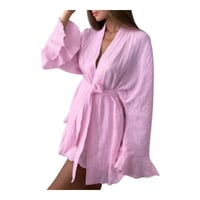 Image 3 of White Long Sleeve Pajama Nightgown with Tie Waist and V-Neckline for Loungewear and Nightwear