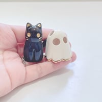 Image 4 of Glow in dark Black Kitty Cat With Ghost Mask Ceramic Figurine 