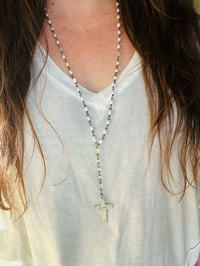 Image 7 of hand wrapped pearl and gemstone rosary style necklace with cross pendant