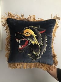 Image 1 of Black And Grey Wolf Velvet Cushion