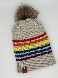 Image 1 of Rainbow Stripe Hat with Fur Pom Pom