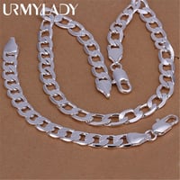 Image 1 of Charm Fine 925 sterling Silver Bracelets necklace Jewelry set for men classic 12MM Chain 18/20/22/24