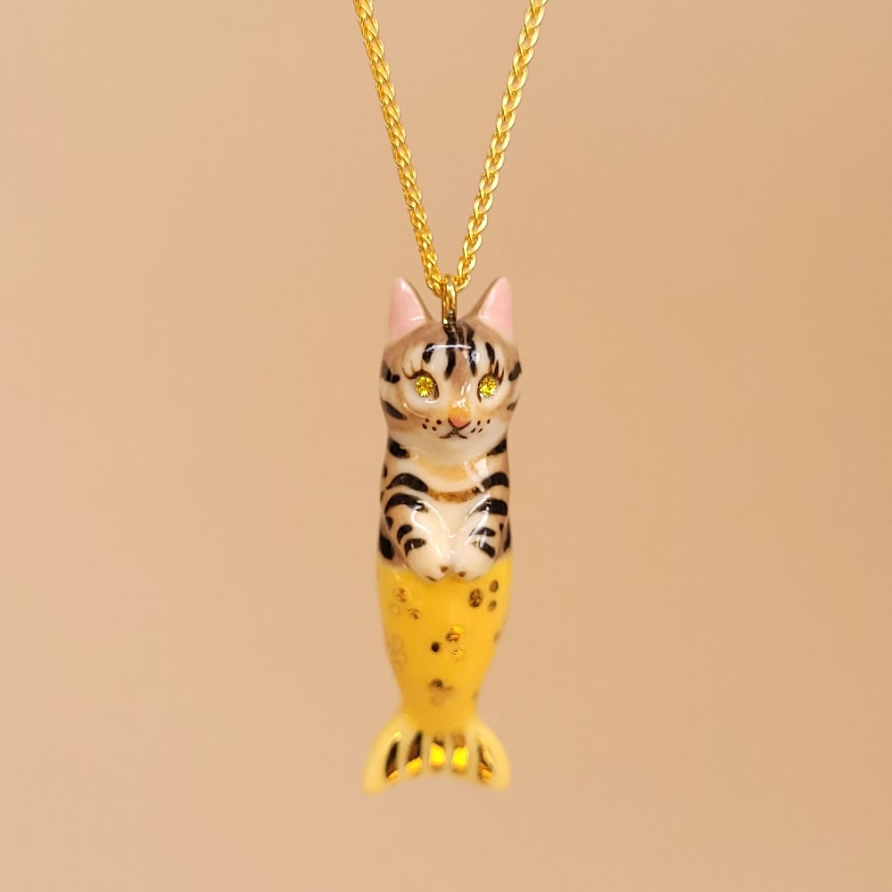 Image of Brown Tabby Porcelain & Gold Vermeil Purrmaid Pendant
