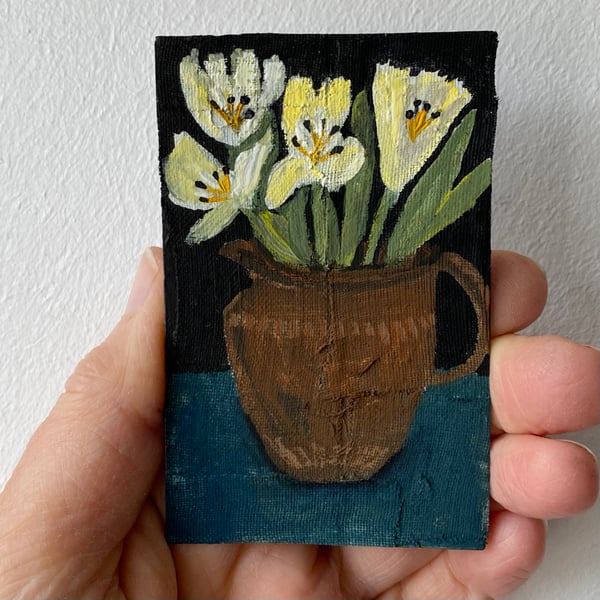 Image of yellow tulips in brown jug - tiny painting 