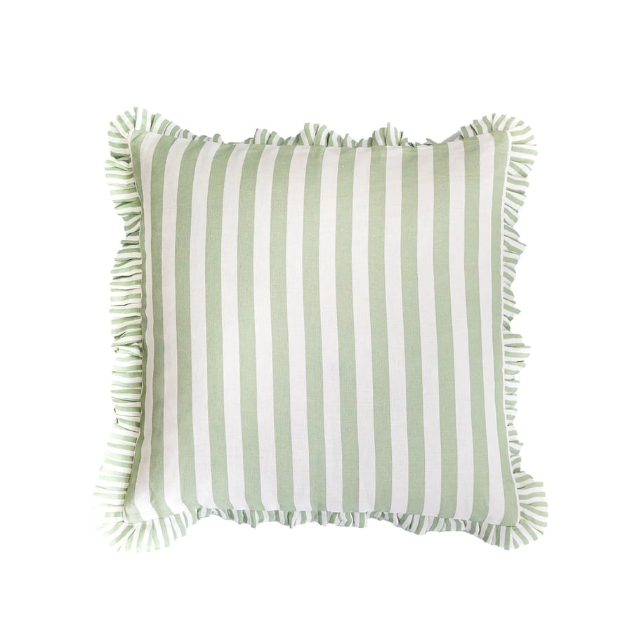 Image of Sage Green Striped Ruffle Cushion 