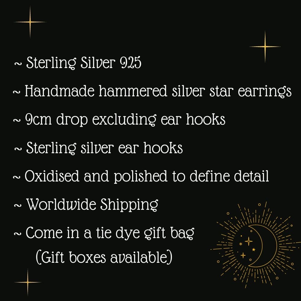 Handmade Silver Cosmic Triple Star Dangly Earrings. Celestial Silver Starry Earrings