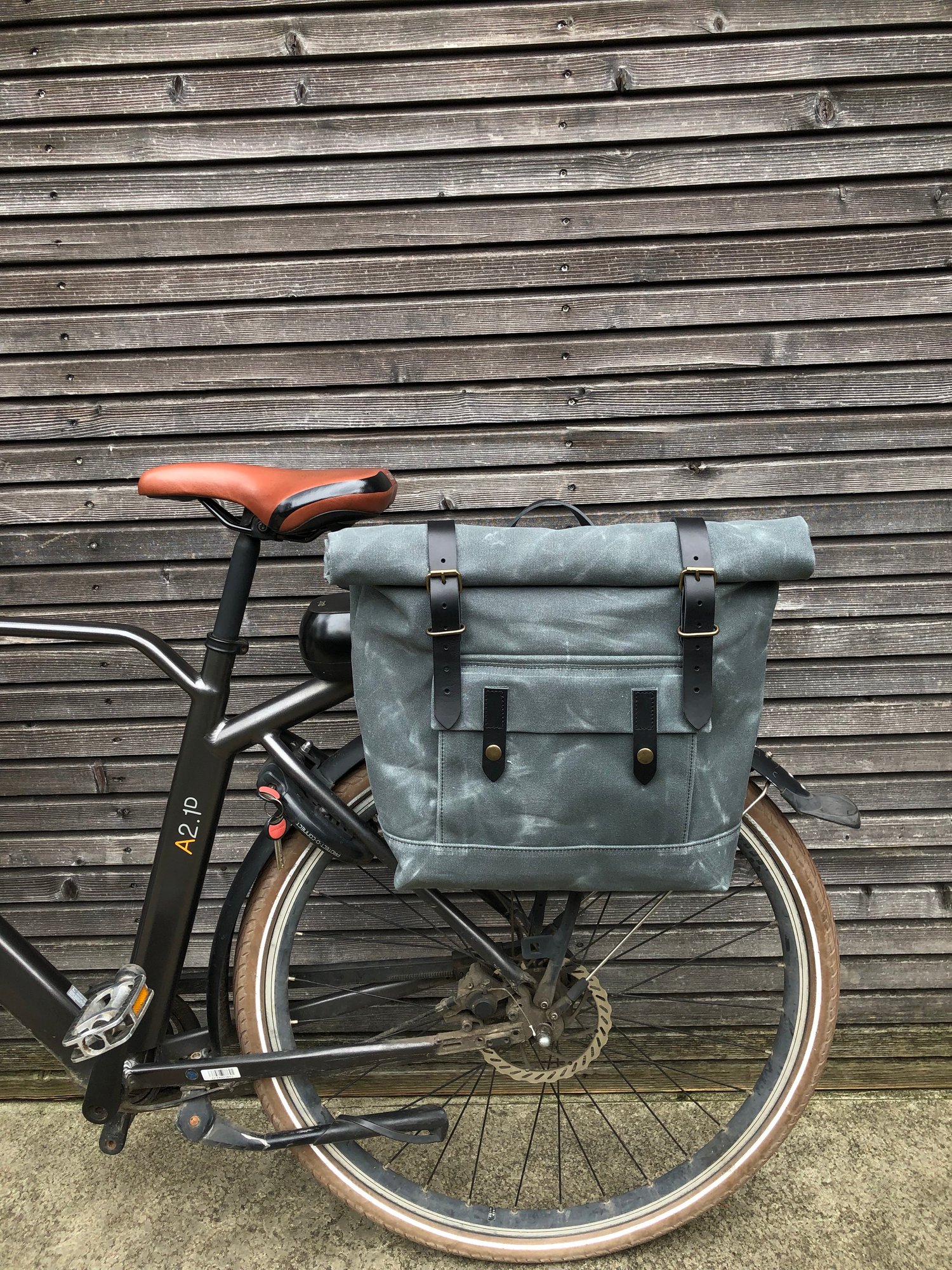 Image of Waterproof grey motorcycle bag in waxed canvas Saddle bag bicycle bag bike accessories