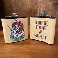 Image 1 of Day of the Dead Nurse Flask “Time For A Shot” Traditional Tattoo Art 6 Oz