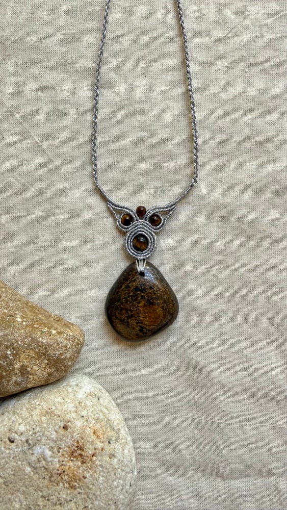 Image of Macrame necklace with bronzite stone in metallic silver string