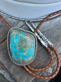 Image 1 of Large Kingman Turquoise Bolo Tie w/ Handmade Sterling Silver Tips