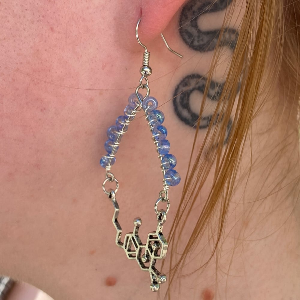 Image of blue thc chemical formula earrings 