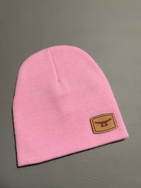 Image of MTD premium Knit beanie pink INFANT SIZE, w/ authentic brown leather patch