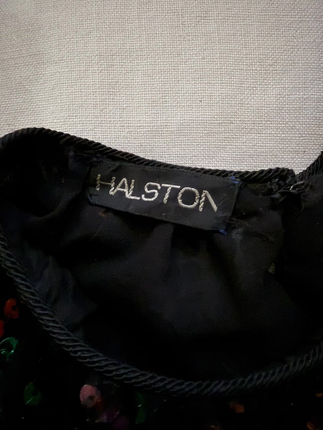 mid 1970s HALSTON sequin silk keyhole mini dress designer