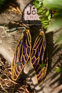 Image 2 of Purple Gold Silk Cicada Fairy Wing Earrings