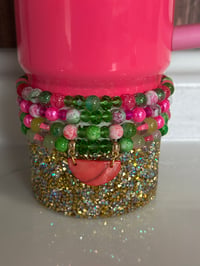 Image 1 of Watermelon Theme Green & Pink Tumbler Bracelet Stack with Gold Charms