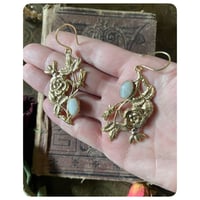 Image 3 of Victorian Rose Floral Spray Honey Bee and Moonstone Solid Brass Earrings