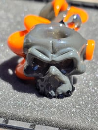 Image 2 of Grime Glass Skull Pipe With Orange Horns And Opal