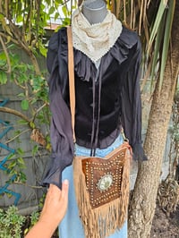 Image 5 of Yellowstone cowboy print suede fringe milk choc and tan