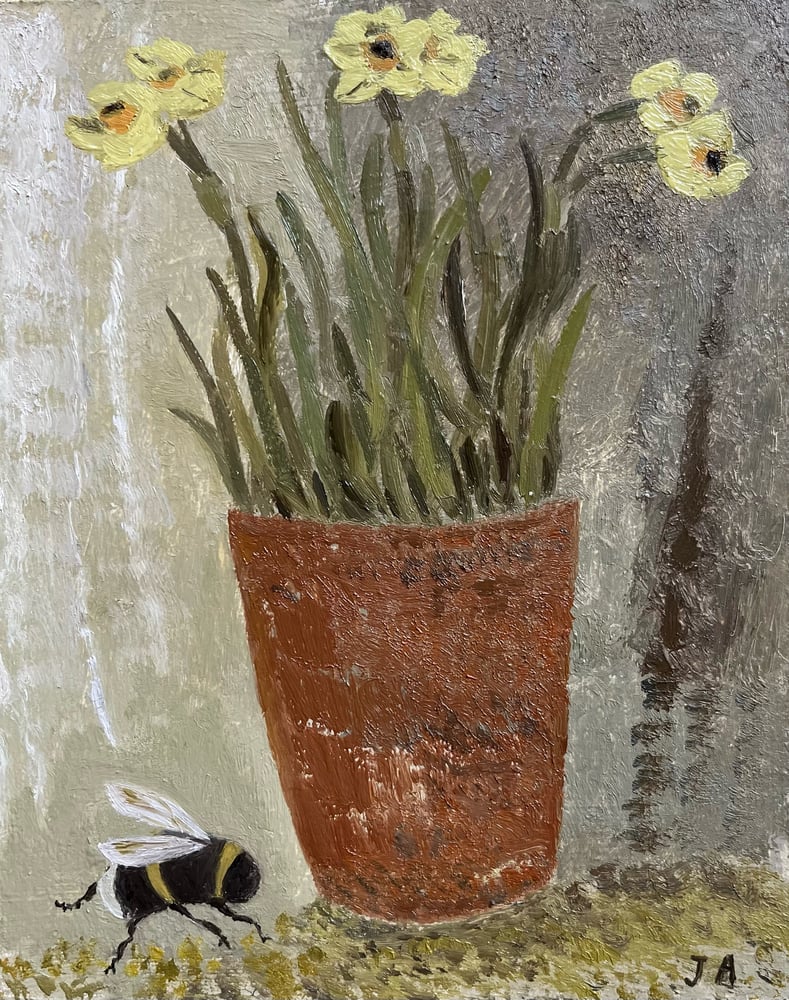 Image of Miniature narcissi and white tailed bumblebee. 