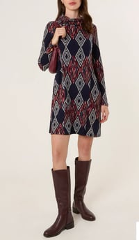 DRAPED COWL NECK AZTEC KNIT DRESS