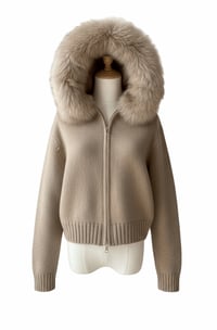 Image 2 of Beige knit cardigan with fox fur collar