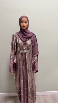 Image 1 of Korean shimmer fabric Puff sleeves butterfly Abaya sparkling magenta comes with a matching scarf 