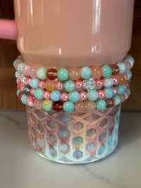 Image 4 of Pastel Beaded Tumbler Bracelet Stack – Pink, Teal & Floral Charm Cup Accessories Set