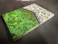 Image 3 of @Kaoticartworks 3-D Resin & Green Amboyna Burl GLOW Segmented Knife Scales