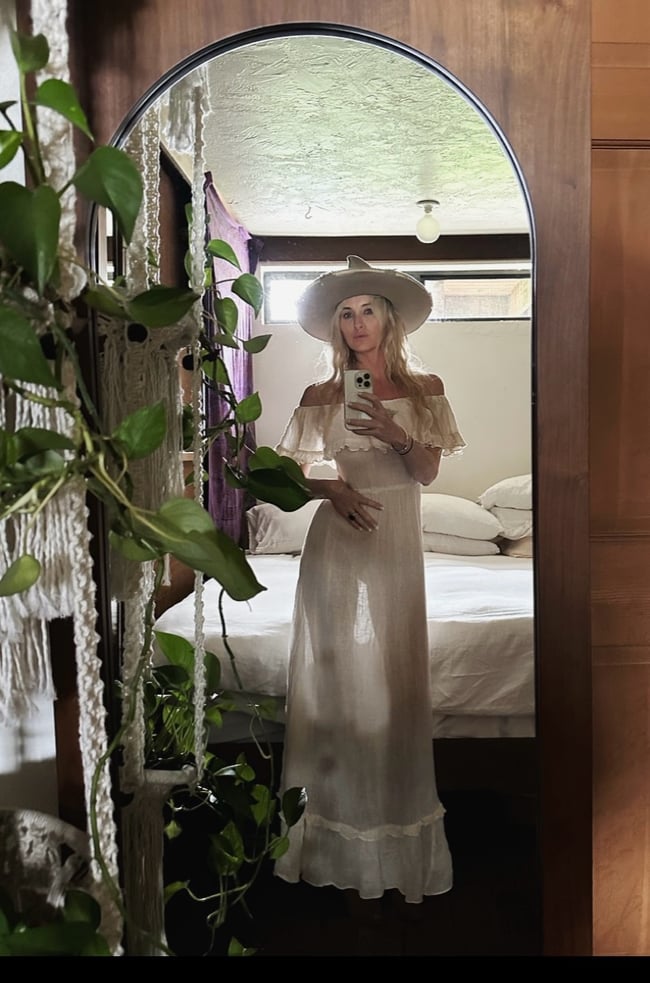 early 70s lightweight gauze off shoulder dress with floral detail 