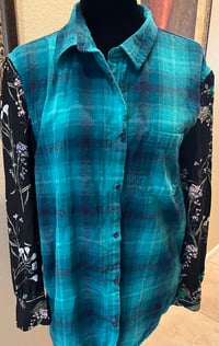 Image 2 of Vintage Funky Blue/Black Flannel Shirt Floral Sleeves Mermaid 