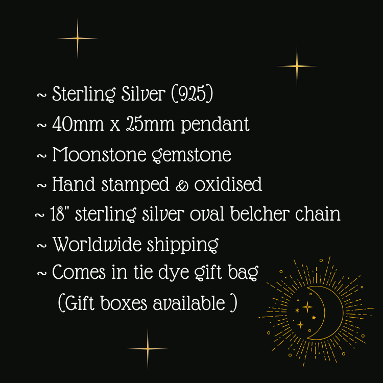 Luna love silver moonstone pendant. Handmade stamped cosmic star and moon oxidised necklace