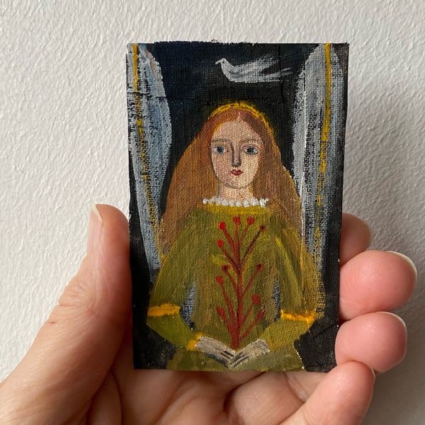 Image of Medieval inspired angel with red branch detail - tiny portrait 