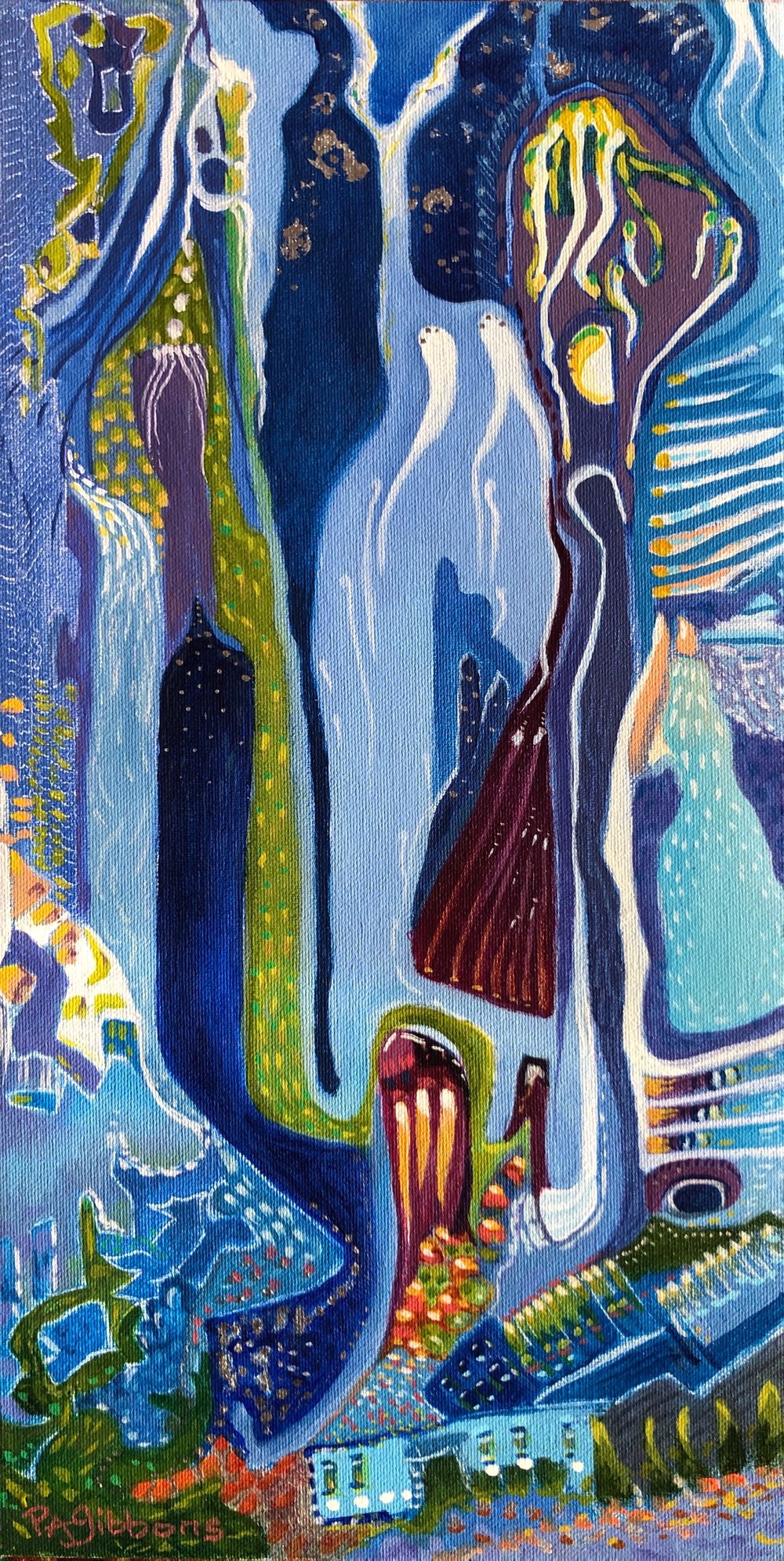 Image of Abstract Fantasy Painting NIGHT MAGIC Acrylic and Silver Leaf on Canvas Stretched on Panel