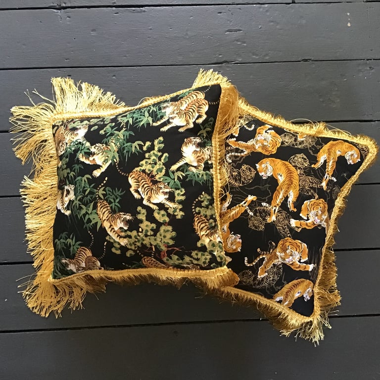 Japanese bamboo tiger print fabric cushion cover with gold or black fringe Image 2
