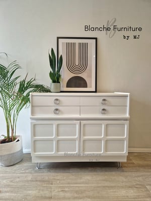 Image of Gorgeous Nathan Sideboard in Brilliant White on Silver Hairpin legs with Matching handles