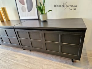 Image of Custom Order: Extra Long Nathan Sideboard in Green Smoke on wooden tapered legs.