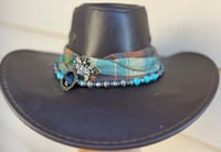 Image 1 of Faux Brown Leather Cowboy Hat Bead, Plaid & Crystal Moth Band
