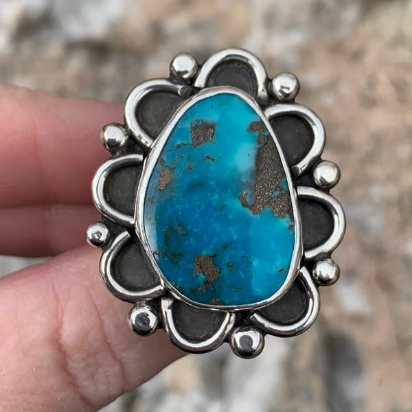Image of Kingman Turquoise Floral Border Handmade Sterling Silver Ring