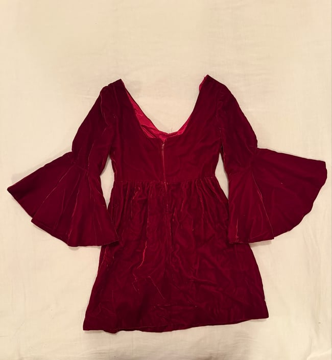 late 1960s jeweltone ruby velvet and satin trumpet sleeve mini dress with huge bow