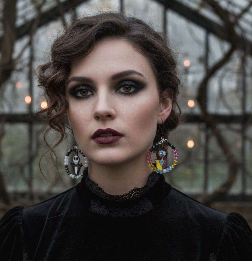 Image of Handcrafted Black & Multicolor Nightmare-Inspired Dangle Earrings Jack & Sally