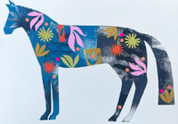 Image 1 of Blue and pink mono printed horse with added collage 