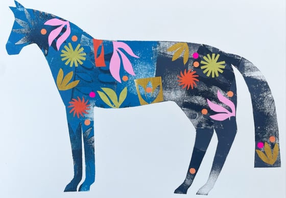 Image of Blue and pink mono printed horse with added collage 